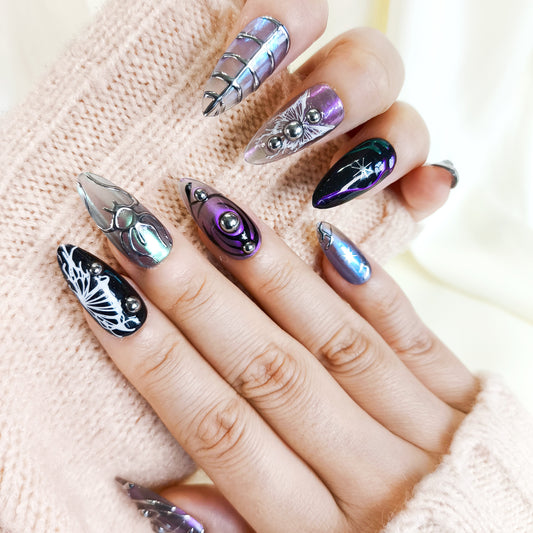 PO117 black & silver 3d chrome y2k press on nails