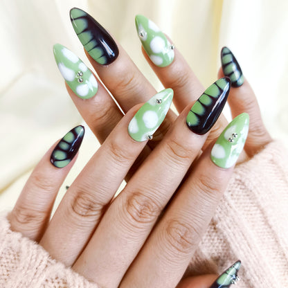 PO118 brown & green abstract press on nails