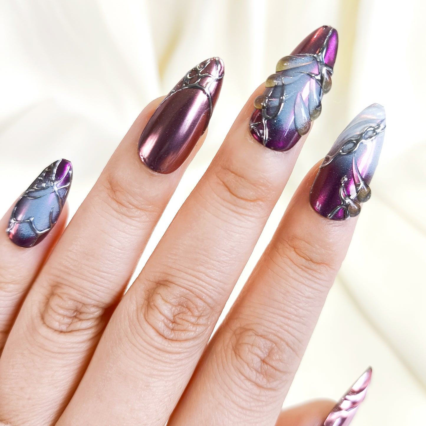 PO119 3d purple chrome abstract press on nails