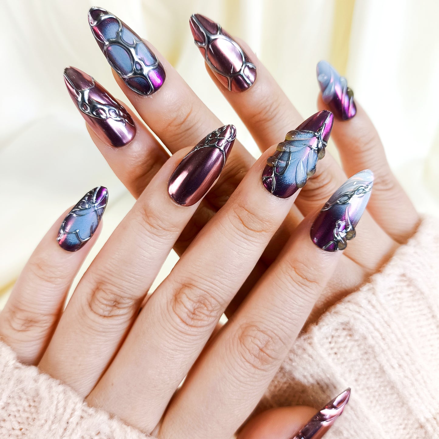 PO119 3d purple chrome abstract press on nails