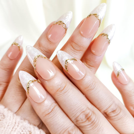 PO124 white marble gold chrome press on nails