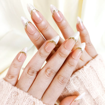 PO124 white marble gold chrome press on nails