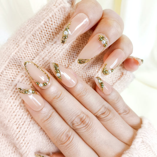 PO135 3d gold chrome almond press on nails