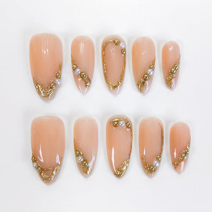 PO135 3d gold chrome almond press on nails