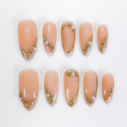 PO135 3d gold chrome almond press on nails