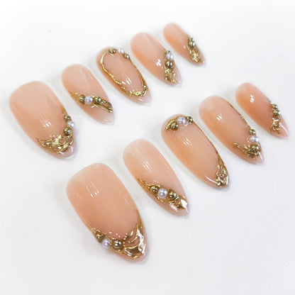 PO135 3d gold chrome almond press on nails