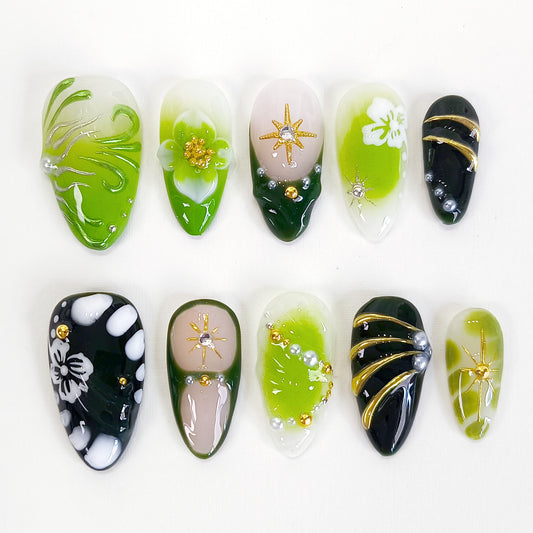 PO136 3d green flower chrome almond press on nails