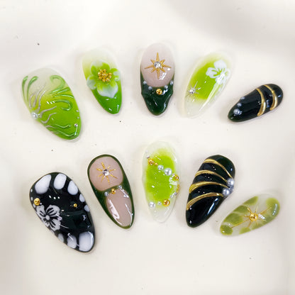 PO136 3d green flower chrome almond press on nails
