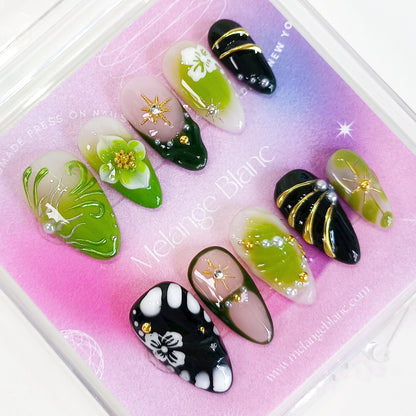 PO136 3d green flower chrome almond press on nails