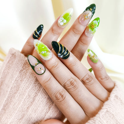 PO136 3d green flower chrome almond press on nails
