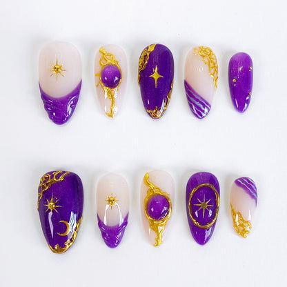 Purple cat eye gold chrome press on nails