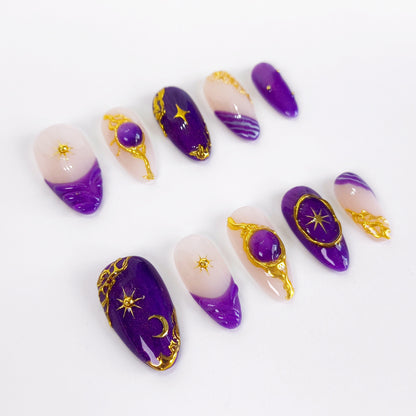 Purple cat eye gold chrome press on nails