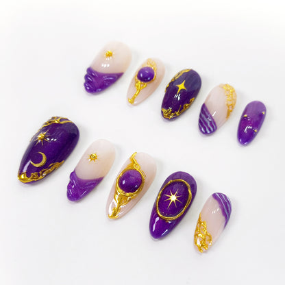 Purple cat eye gold chrome press on nails