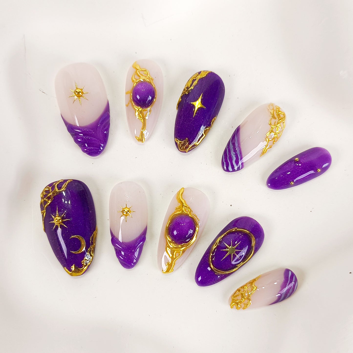 Purple cat eye gold chrome press on nails