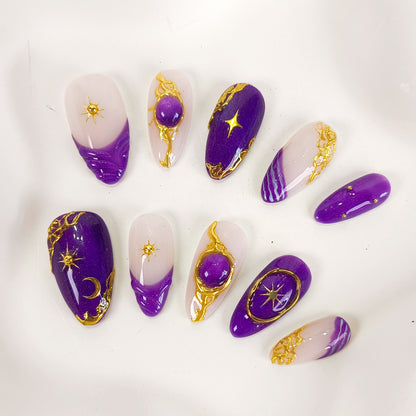 Purple cat eye gold chrome press on nails