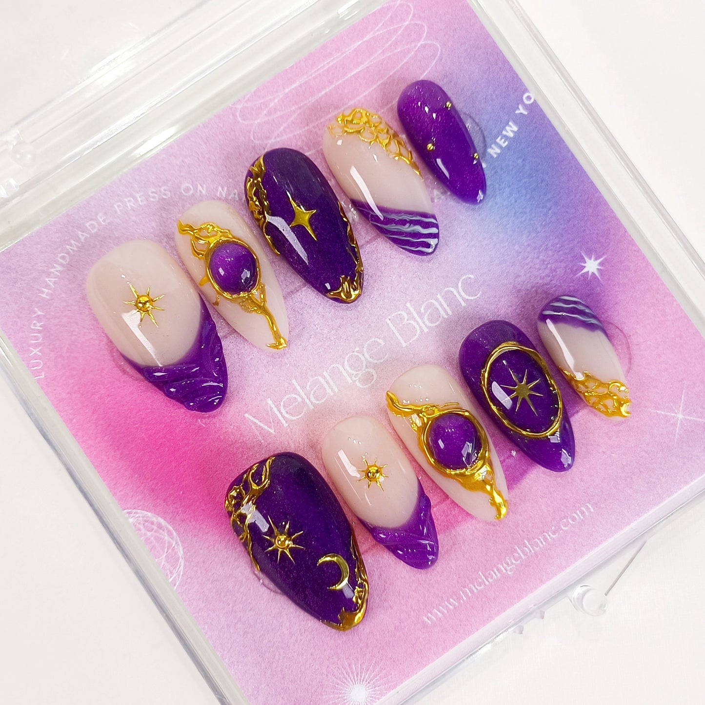 Purple cat eye gold chrome press on nails