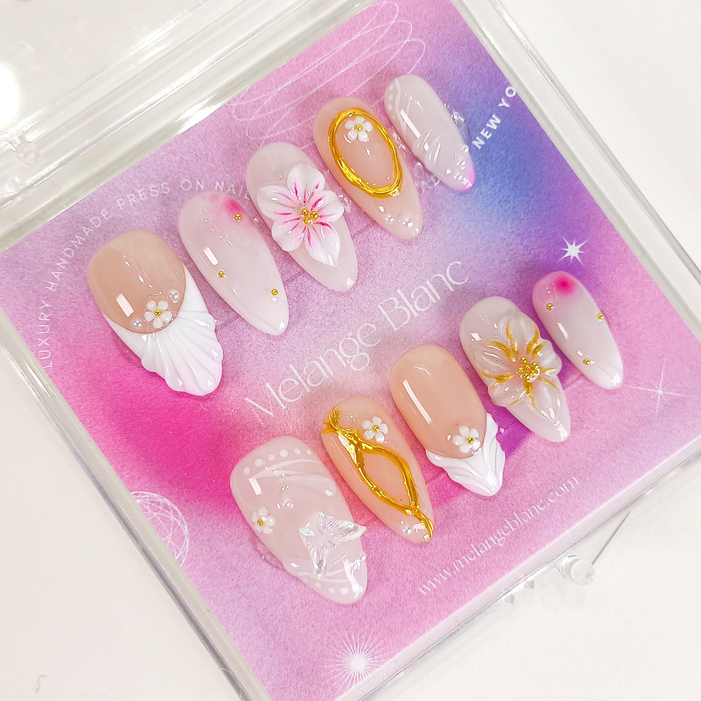 White flower 3d chrome press on nails