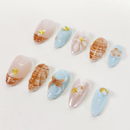Blue 3D seashell short almond press on nails