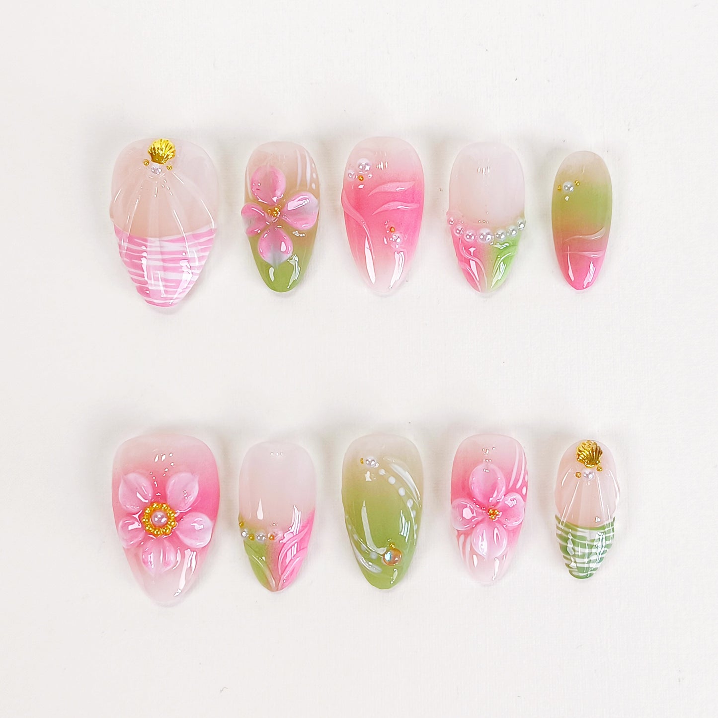 Pink & Green 3D Flower Short Almond Press on Nails