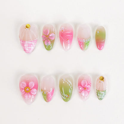 Pink & Green 3D Flower Short Almond Press on Nails