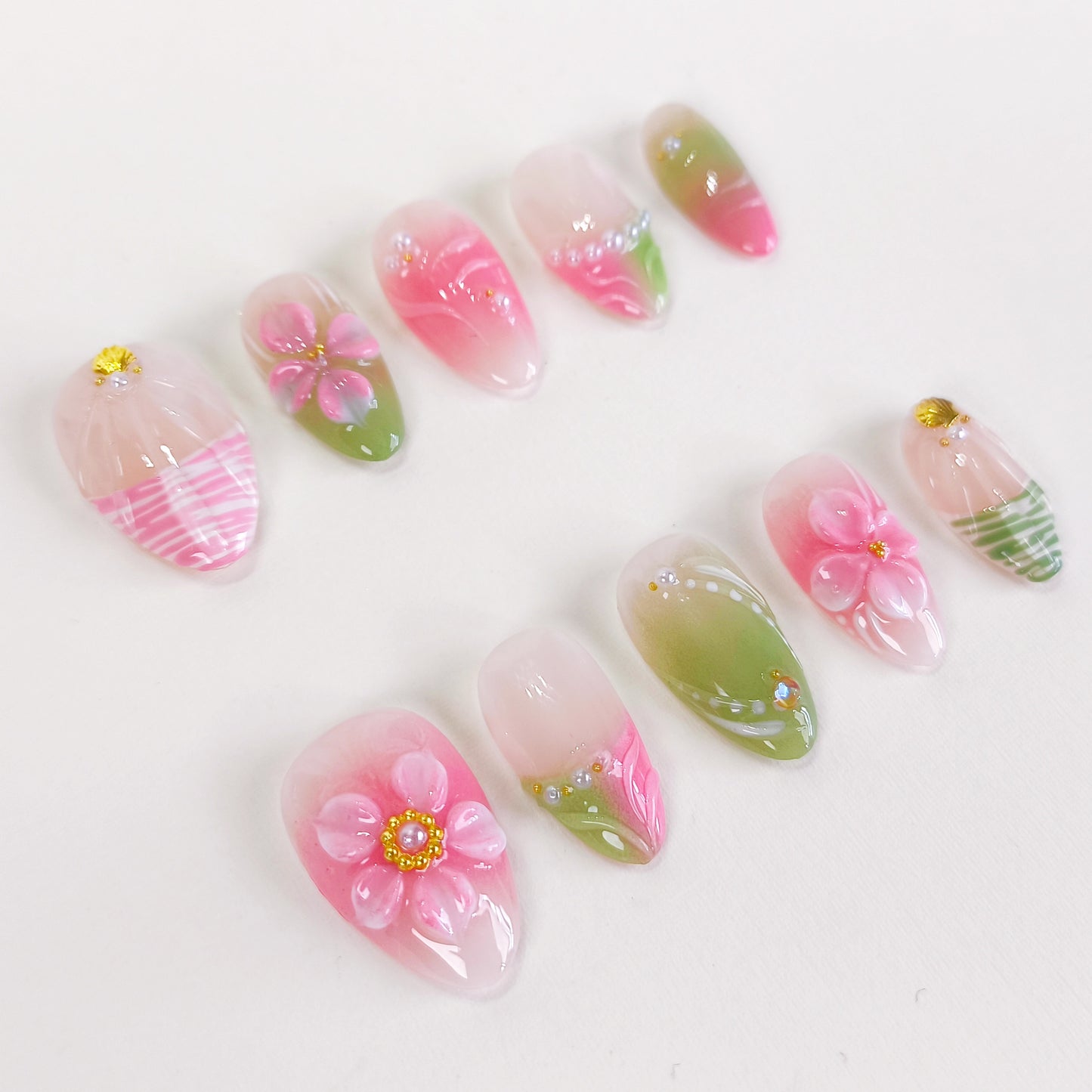 Pink & Green 3D Flower Short Almond Press on Nails