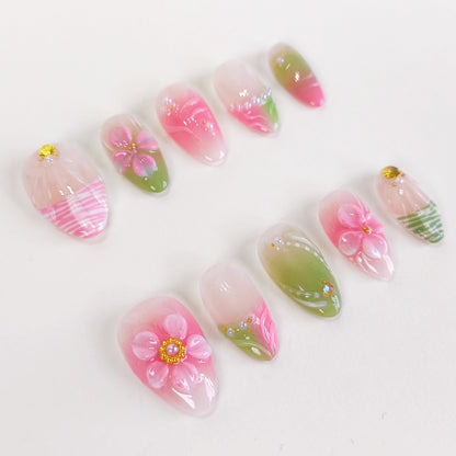 Pink & Green 3D Flower Short Almond Press on Nails