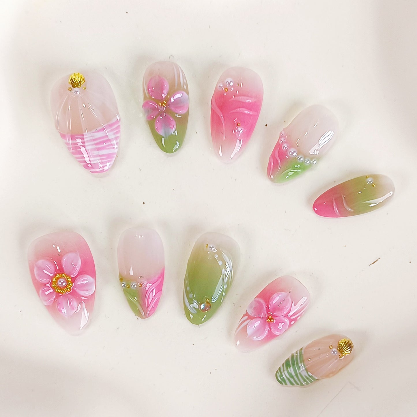 Pink & Green 3D Flower Short Almond Press on Nails