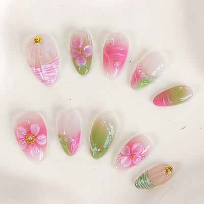 Pink & Green 3D Flower Short Almond Press on Nails
