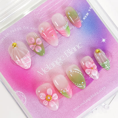 Pink & Green 3D Flower Short Almond Press on Nails