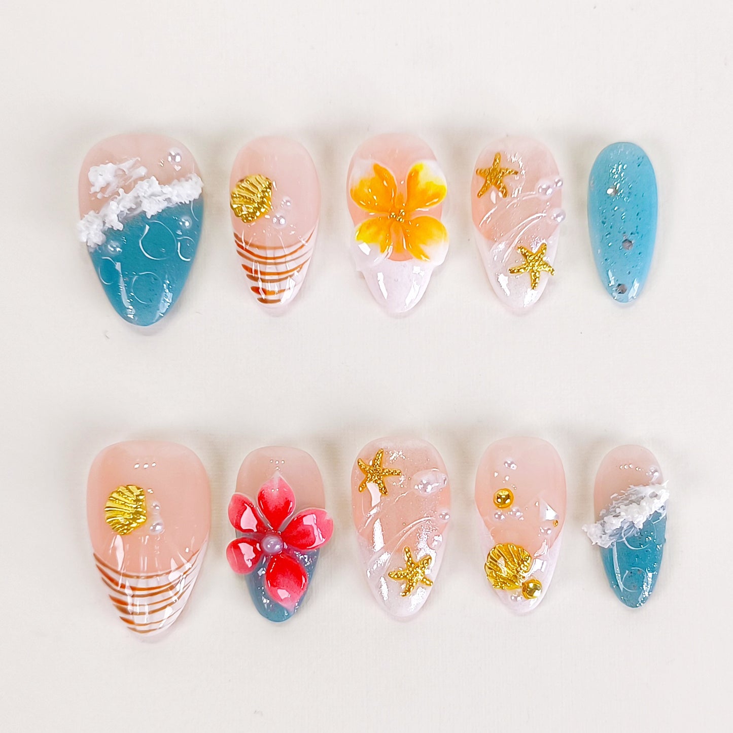Tropical 3d flower with ocean beach press on nails