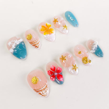 Tropical 3d flower with ocean beach press on nails