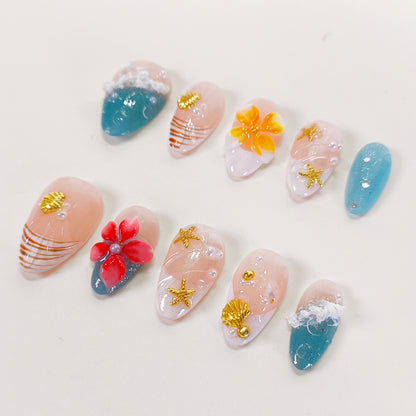 Tropical 3d flower with ocean beach press on nails