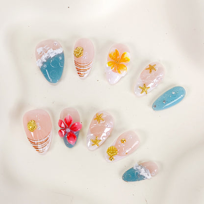 Tropical 3d flower with ocean beach press on nails