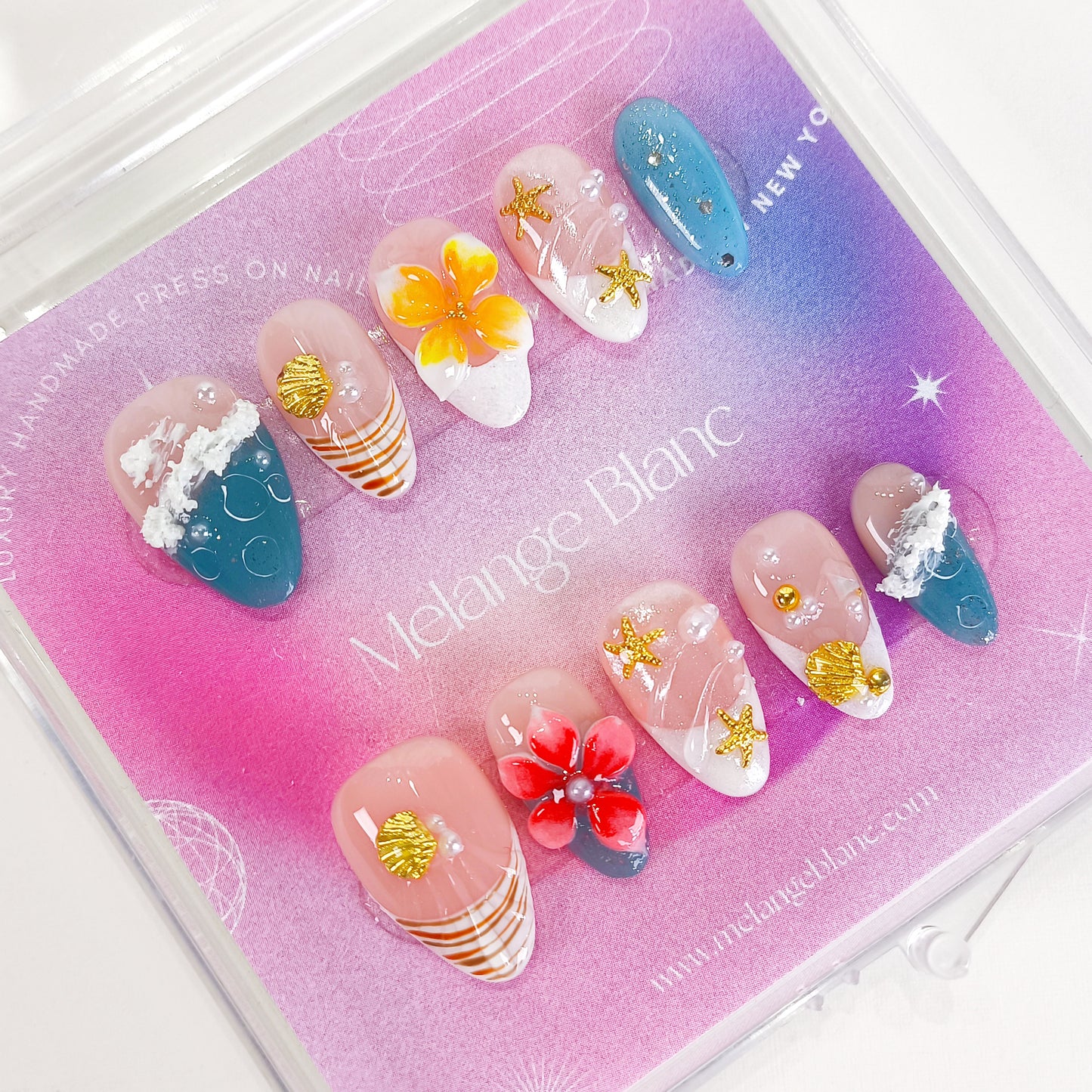 Tropical 3d flower with ocean beach press on nails