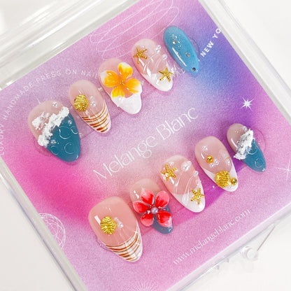 Tropical 3d flower with ocean beach press on nails