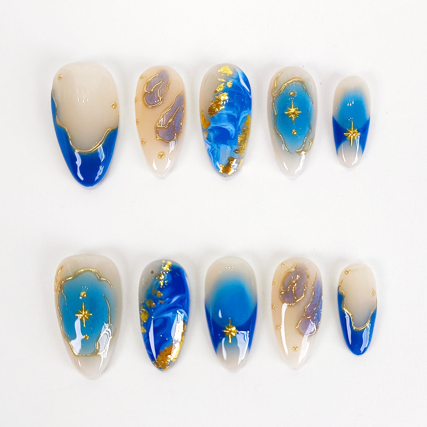 Blue ombre with gold chrome press on nails