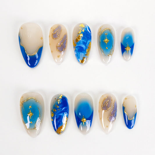 Blue ombre with gold chrome press on nails