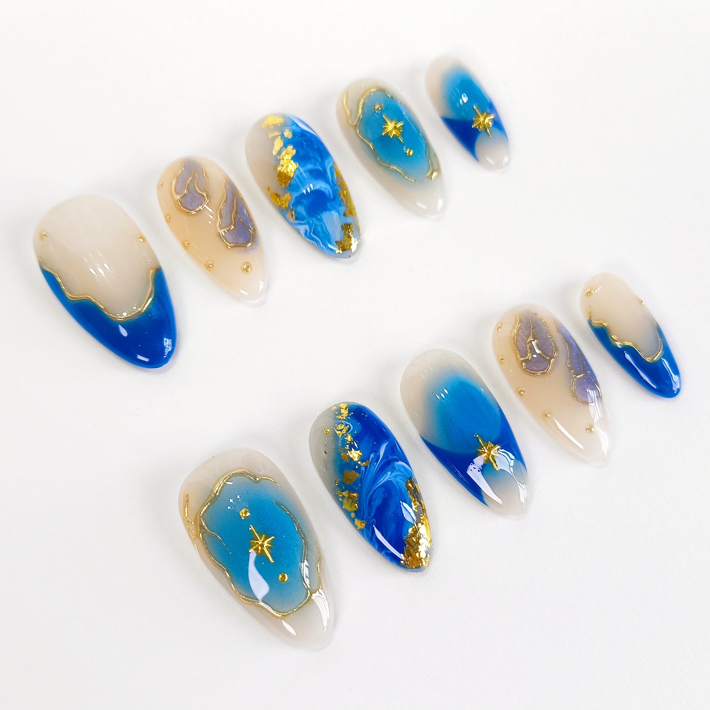 Blue ombre with gold chrome press on nails