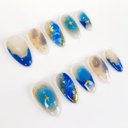 Blue ombre with gold chrome press on nails