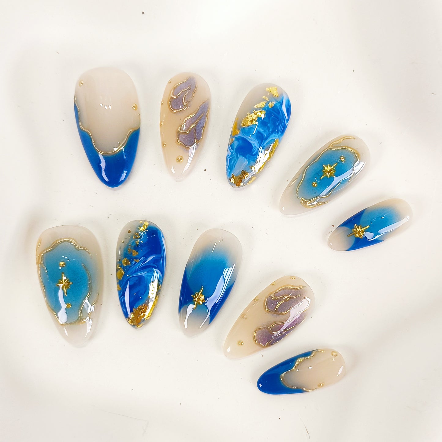 Blue ombre with gold chrome press on nails