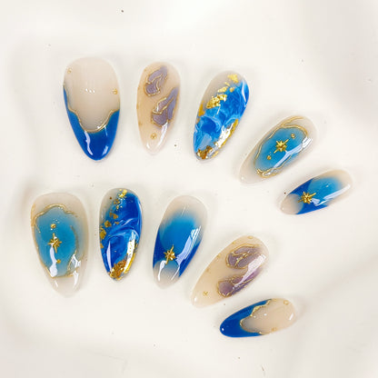 Blue ombre with gold chrome press on nails