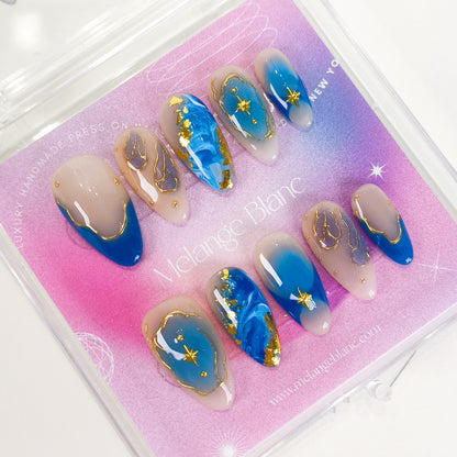 Blue ombre with gold chrome press on nails