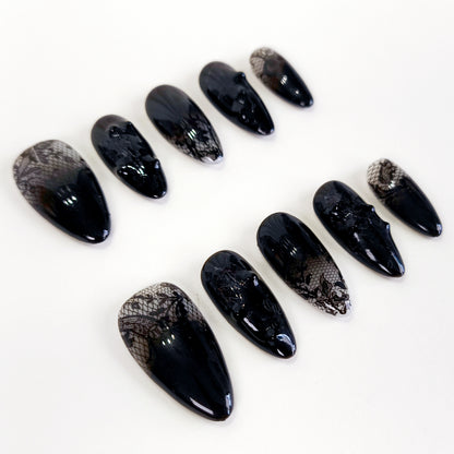 Black lace flower press on nails