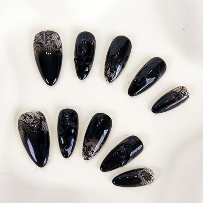 Black lace flower press on nails