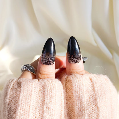 Black lace flower press on nails