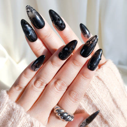Black lace flower press on nails