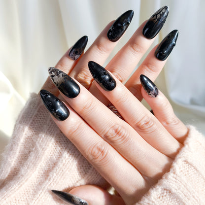 Black lace flower press on nails