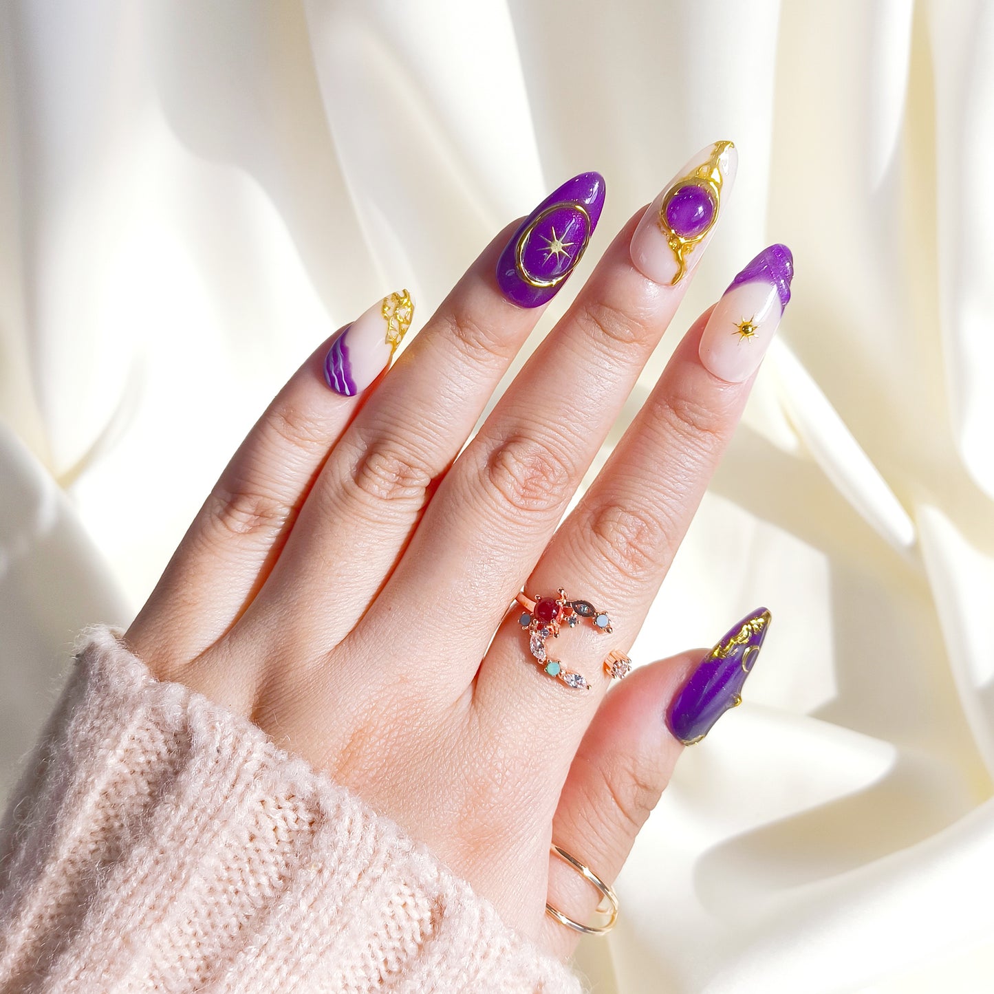 Purple cat eye gold chrome press on nails