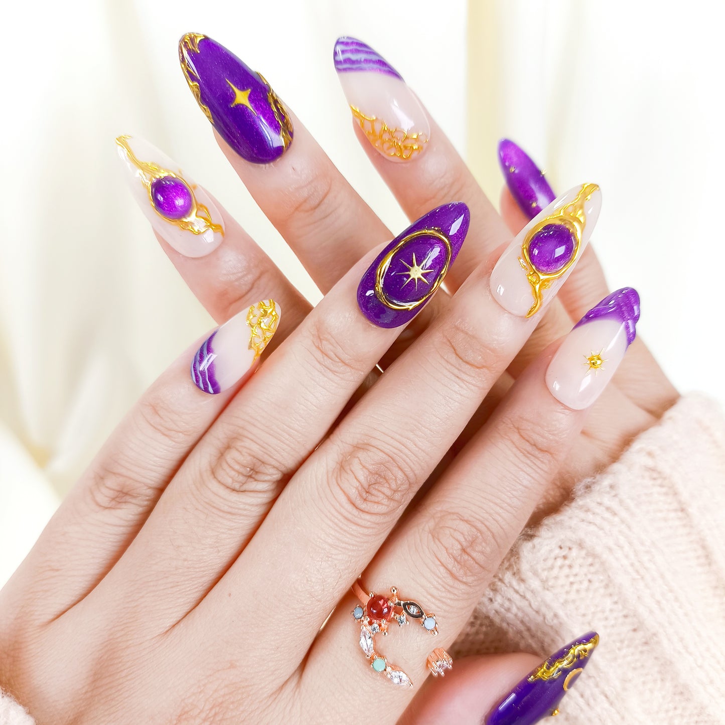 Purple cat eye gold chrome press on nails