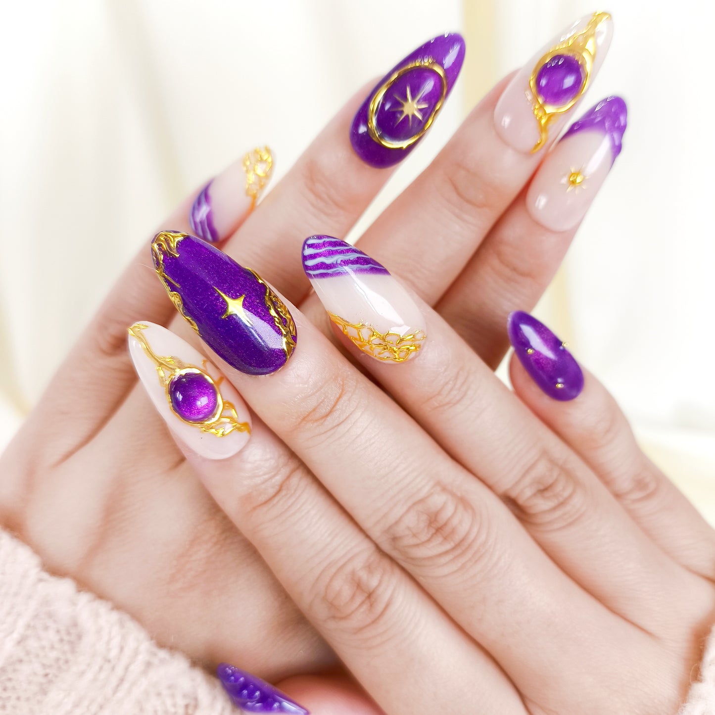 Purple cat eye gold chrome press on nails